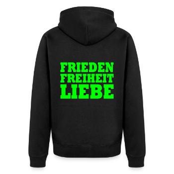 Frieden freiheit liebe - Unisex Premium Bio Zip Hoodie - Schwarz - Hinten - Nico (187cm)