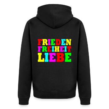 Frieden freiheit liebe - Unisex Premium Bio Zip Hoodie - Schwarz - Hinten - Nico (187cm)