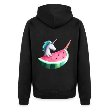 Wassermelonen Einhorn - Unisex Premium Bio Zip Hoodie - Schwarz - Hinten - Nico (187cm)