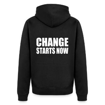 change starts now - Unisex Premium Organic Zip Hoodie - black - Back - Nico (187cm)