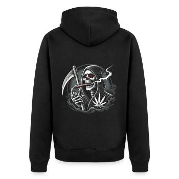 Schwarzer Humor rauchender Sensenmann zu Halloween - Unisex Premium Bio Zip Hoodie - Schwarz - Hinten - Nico (187cm)