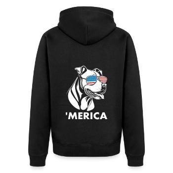 Pitbull Terrier mit Sonnenbrille 4. Juli Merica - Unisex Premium Bio Zip Hoodie - Schwarz - Hinten - Nico (187cm)