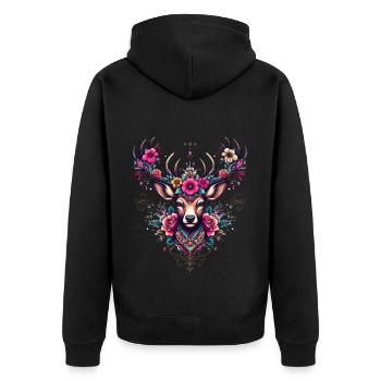 Hirsch T-Shirt Tracht Damen Trachtenshirt Dirndl - Unisex Premium Bio Zip Hoodie - Schwarz - Hinten - Nico (187cm)