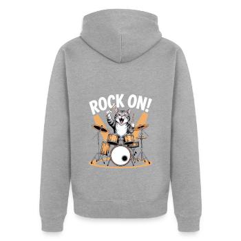 Rock On Katze Schlagzeug Kunst - Unisex Premium Bio Zip Hoodie - Grau meliert - Hinten - Nico (187cm)