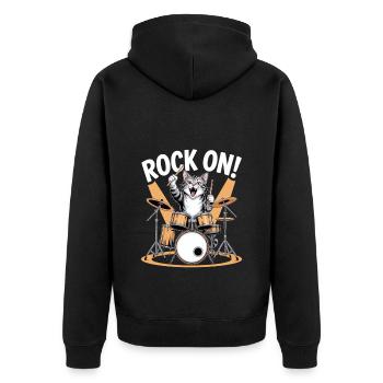Rock On Katze Schlagzeug Kunst - Unisex Premium Bio Zip Hoodie - Schwarz - Hinten - Nico (187cm)