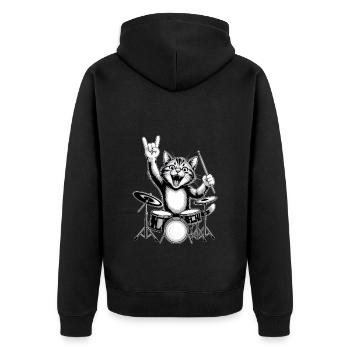 Rockende Katze Am Schlagzeug - Unisex Premium Bio Zip Hoodie - Schwarz - Hinten - Nico (187cm)