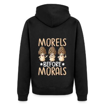 Morels Before Morals - Unisex Premium Organic Zip Hoodie - black - Back - Nico (187cm)