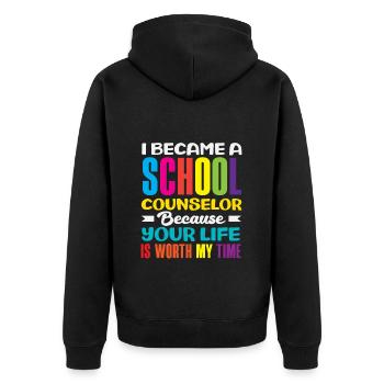 Schulberater Dein Leben Zählt Für Mich - Unisex Premium Bio Zip Hoodie - Schwarz - Hinten - Nico (187cm)