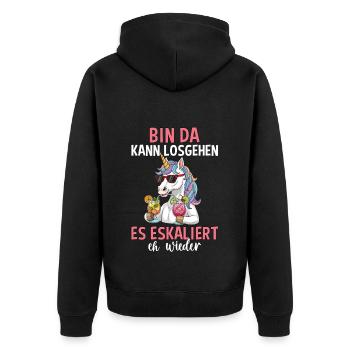 Bin Da Kann Losgehen Es Eskaliert Eh Wieder - Unisex Premium Bio Zip Hoodie - Schwarz - Hinten - Nico (187cm)