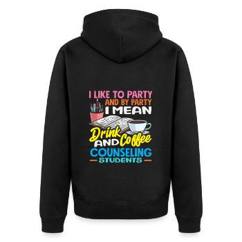 J’aime faire la fête, boire, prendre un café, conseiller scolaire - Veste à capuche bio Premium Unisexe - noir - Dos - Nico (187cm)