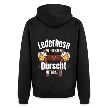 Trachtenshirt Herren Trachten T-Shirt Lederhose - Unisex Premium Bio Zip Hoodie - Schwarz - Hinten - Nico (187cm)
