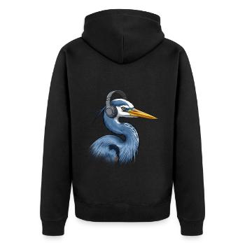 Reiher mit Kopfhörer - Unisex Premium Bio Zip Hoodie - Schwarz - Hinten - Nico (187cm)