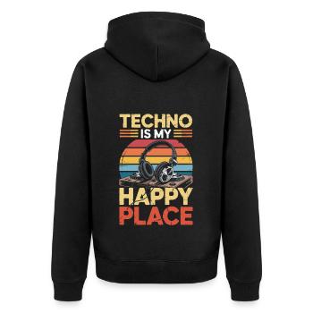 Techno My Happy Place Musik Liebhaber DJ Kopfhörer - Unisex Premium Bio Zip Hoodie - Schwarz - Hinten - Nico (187cm)