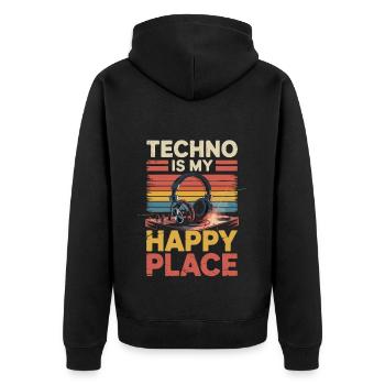 Techno My Happy Place Musik Liebhaber DJ Kopfhörer - Unisex Premium Bio Zip Hoodie - Schwarz - Hinten - Nico (187cm)