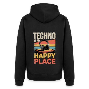 Techno My Happy Place Musik Liebhaber DJ Kopfhörer - Unisex Premium Bio Zip Hoodie - Schwarz - Hinten - Nico (187cm)