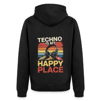 Techno My Happy Place Musik Liebhaber DJ Kopfhörer - Unisex Premium Bio Zip Hoodie - Schwarz - Hinten - Nico (187cm)
