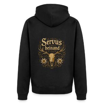 Servus beinand Lederhosn Tracht Bayern Volksfest - Unisex Premium Bio Zip Hoodie - Schwarz - Hinten - Nico (187cm)