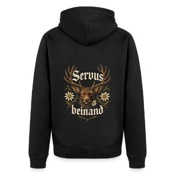 Servus beinand Lederhosn Tracht Bayern Volksfest - Unisex Premium Bio Zip Hoodie - Schwarz - Hinten - Nico (187cm)