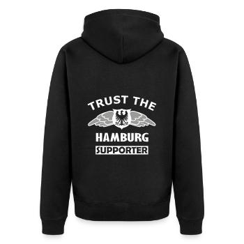 Vertraue dem Hamburger - Unisex Premium Bio Zip Hoodie - Schwarz - Hinten - Nico (187cm)