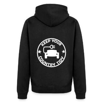 Der E Auto Umweltsticker - Unisex Premium Bio Zip Hoodie - Schwarz - Hinten - Nico (187cm)