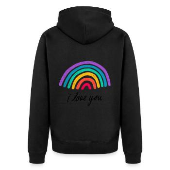Liebesgrafik hugs and kisses Regenbogen - Unisex Premium Bio Zip Hoodie - Schwarz - Hinten - Nico (187cm)