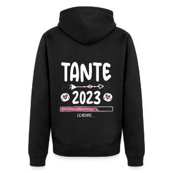 Tante 2023 Loading - Unisex Premium Bio Zip Hoodie - Schwarz - Hinten - Nico (187cm)