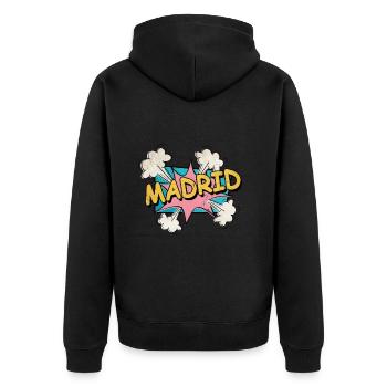 Madrid Spanien Stadt Schrift Pop Art Comic - Unisex Premium Bio Zip Hoodie - Schwarz - Hinten - Nico (187cm)