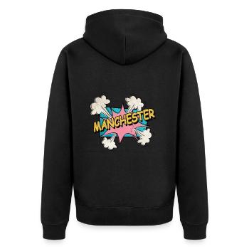 Manchester Angleterre UK City Font Pop Art Comic - Veste à capuche bio Premium Unisexe - noir - Dos - Nico (187cm)
