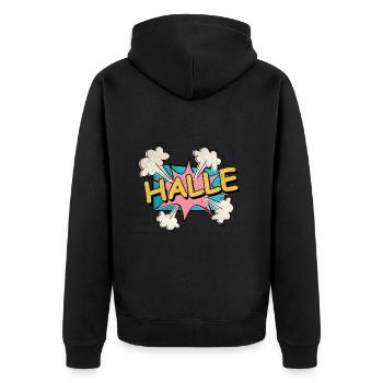 Halle Deutschland Stadt Schrift Pop Art Comic - Unisex Premium Bio Zip Hoodie - Schwarz - Hinten - Nico (187cm)