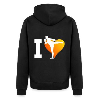 Muay Thai Thaibox Thaiboxer Thaiboxen Damen - Unisex Premium Bio Zip Hoodie - Schwarz - Hinten - Nico (187cm)