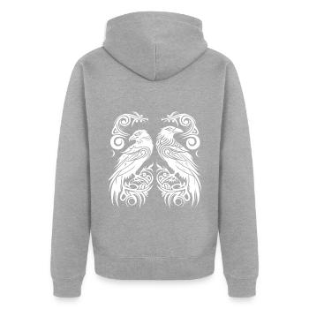 Odins Raben, Hugin und Munin, Tribal Stil Wikinger - Unisex Premium Bio Zip Hoodie - Grau meliert - Hinten - Nico (187cm)