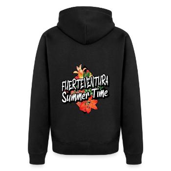 Fuerteventura Sommer Sonne Strand Meer Palmen - Unisex Premium Bio Zip Hoodie - Schwarz - Hinten - Nico (187cm)