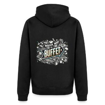 which way to the buffet 47 - Unisex Premium Bio Zip Hoodie - Schwarz - Hinten - Nico (187cm)