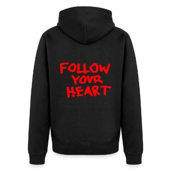 FOLLOW YOUR HEART Love Street Art Typografie - Unisex Premium Bio Zip Hoodie - Schwarz - Hinten - Nico (187cm)