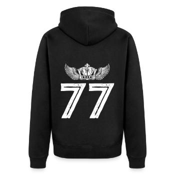 77 Zahl Krone - Unisex Premium Bio Zip Hoodie - Schwarz - Hinten - Nico (187cm)