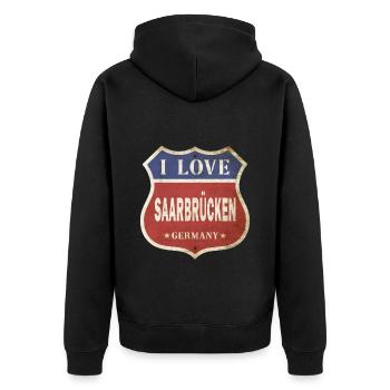 Saarbrücken Germany City I Love Vintage Retro - Unisex Premium Organic Zip Hoodie - black - Back - Nico (187cm)