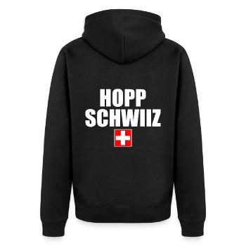 Hopp schwiiz - Unisex Premium Bio Zip Hoodie - Schwarz - Hinten - Nico (187cm)