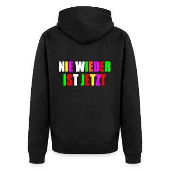 Nie wieder ist jetzt - Unisex Premium Bio Zip Hoodie - Schwarz - Hinten - Nico (187cm)