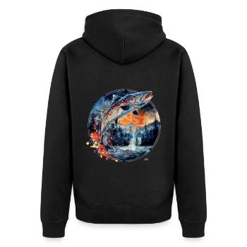 Jumping Fish – Angler Motif – Dynamic Catch - Unisex Premium Organic Zip Hoodie - black - Back - Nico (187cm)