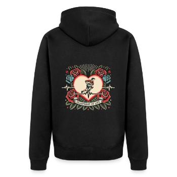 Schneemobil Herzschlag Retro Tattoo mit Rosen - Unisex Premium Bio Zip Hoodie - Schwarz - Hinten - Nico (187cm)