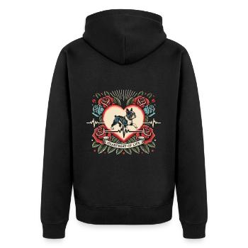 Mops Herzschlag Retro Tattoo mit Rosen - Unisex Premium Bio Zip Hoodie - Schwarz - Hinten - Nico (187cm)