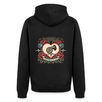 Akkordeon Herzschlag Retro Tattoo mit Rosen - Unisex Premium Bio Zip Hoodie - Schwarz - Hinten - Nico (187cm)