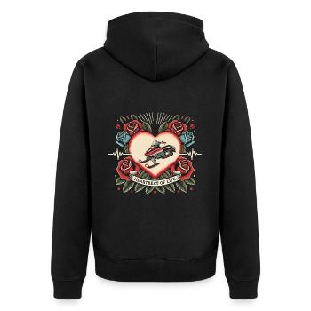 Quad Herzschlag Retro Tattoo mit Rosen - Unisex Premium Bio Zip Hoodie - Schwarz - Hinten - Nico (187cm)