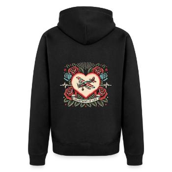 Lama Herzschlag Retro Tattoo mit Rosen - Unisex Premium Bio Zip Hoodie - Schwarz - Hinten - Nico (187cm)