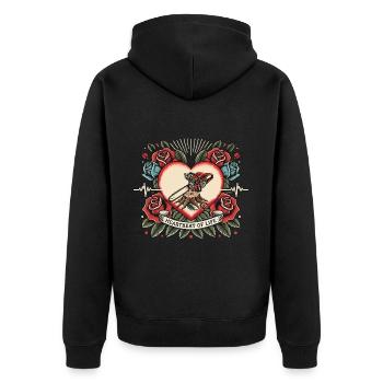 Holzfäller Herzschlag Retro Tattoo mit Rosen - Unisex Premium Bio Zip Hoodie - Schwarz - Hinten - Nico (187cm)