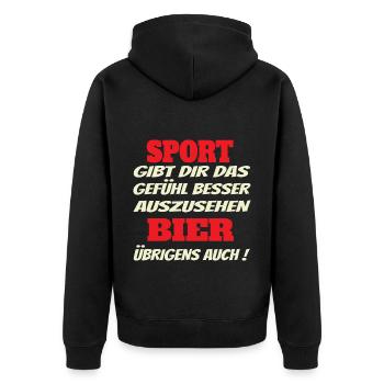 lustiger Party Spruch, Feiern, Bier und Sport - Unisex Premium Bio Zip Hoodie - Schwarz - Hinten - Nico (187cm)