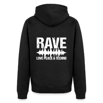 Rave Love Peace Techno Musique - Veste à capuche bio Premium Unisexe - noir - Dos - Nico (187cm)