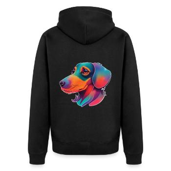 Farbenfrohes Dackel Hunde Kunstwerk - Unisex Premium Bio Zip Hoodie - Schwarz - Hinten - Nico (187cm)