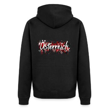 Österreich / Schriftzug mit Farbklecksen - Unisex Premium Bio Zip Hoodie - Schwarz - Hinten - Nico (187cm)