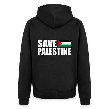 SAVE PALESTINE - Unisex Premium Bio Zip Hoodie - Schwarz - Hinten - Nico (187cm)